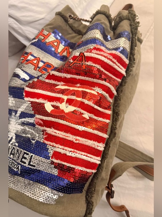 CHANEL Sequined Drawstring Backpack in Red, Blue, White main image 8